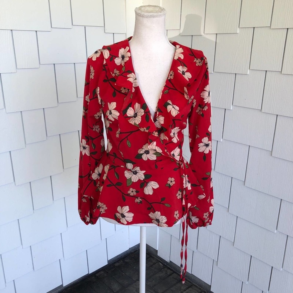 LYDELLE for NORDSTROM Women's Red/White Floral Surplice Ruffle Wrap Blouse sz S - Picture 1 of 8